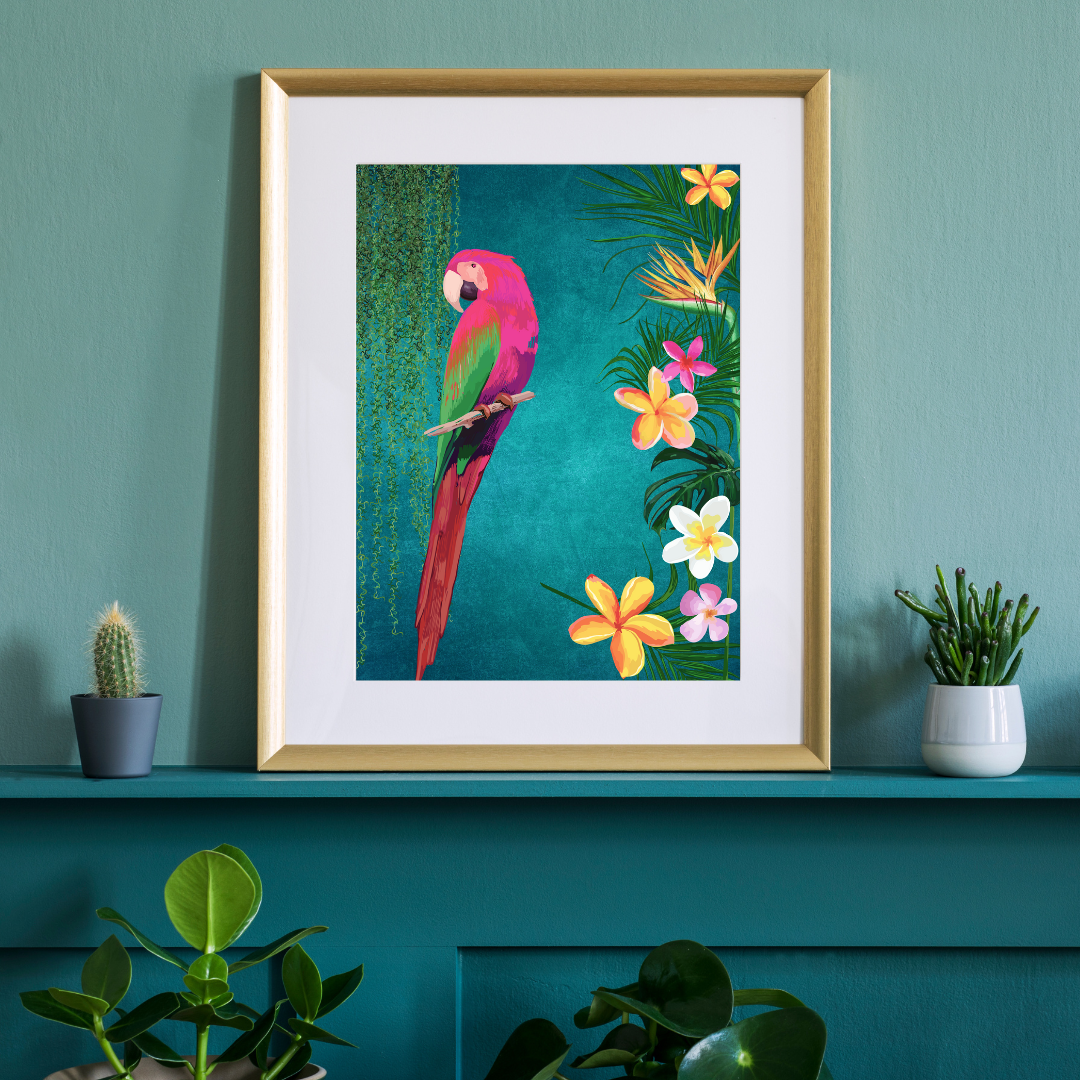 Pink Parrot on Teal – Luxe Tropical Wall Art