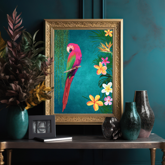 Pink Parrot on Teal – Luxe Tropical Wall Art