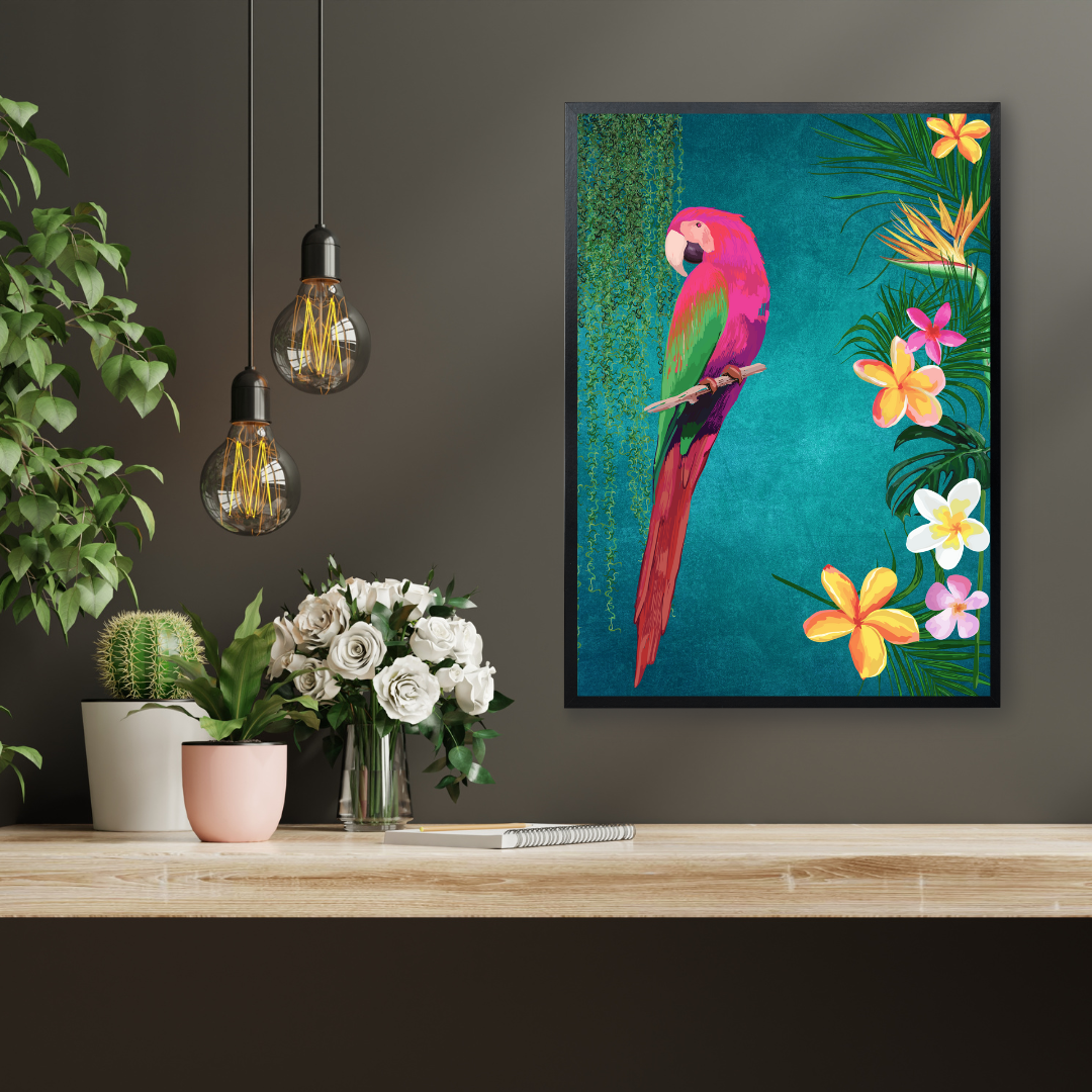 Pink Parrot on Teal – Luxe Tropical Wall Art