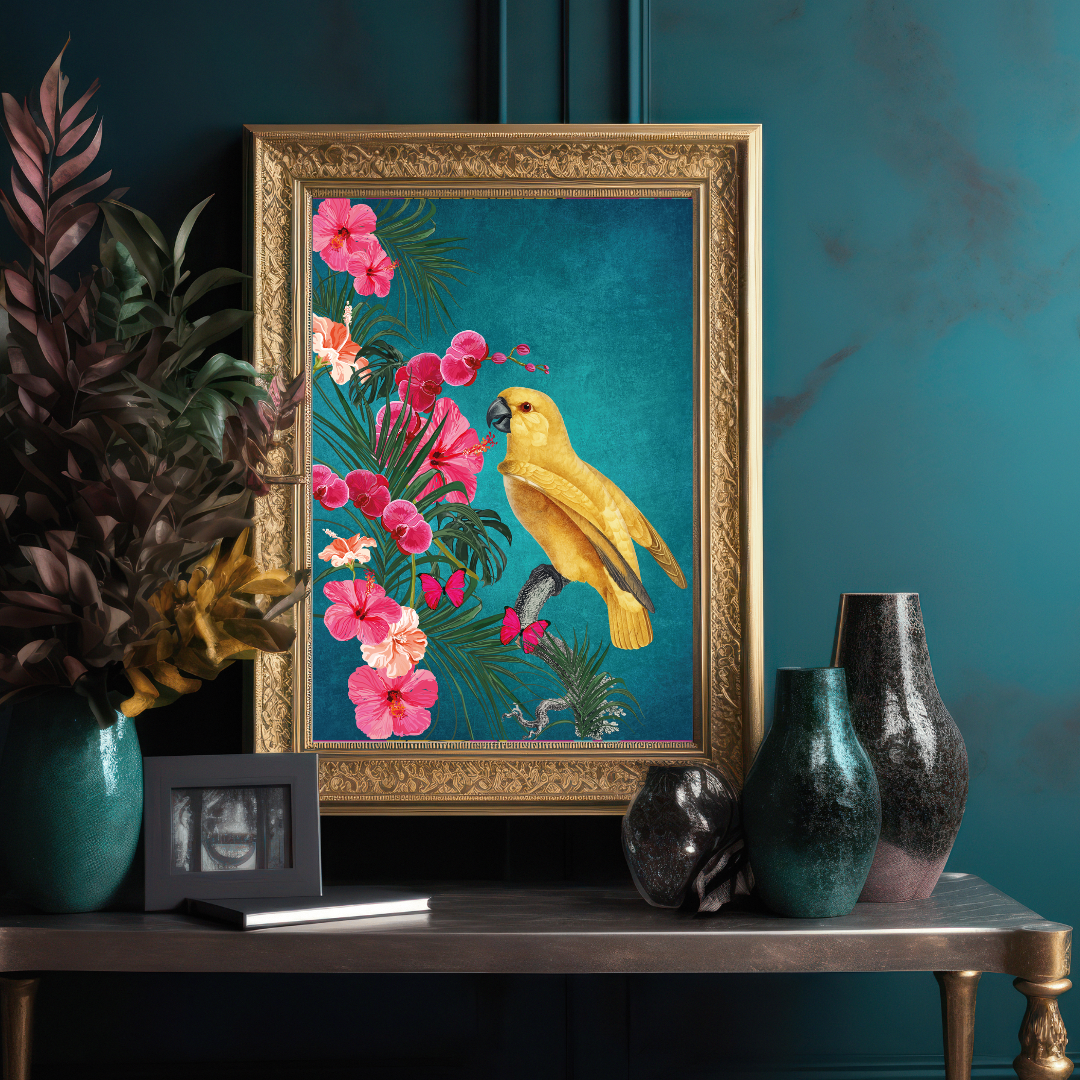 Golden Bird on Teal – Luxe Tropical Wall Art