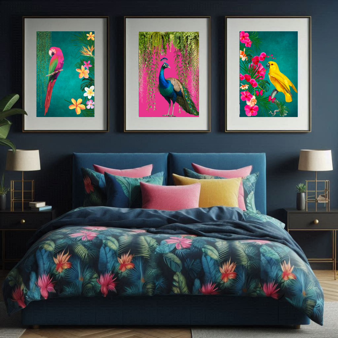 Set of 3 Tropical Birds – Teal & Hot Pink Maximalist Wall Art