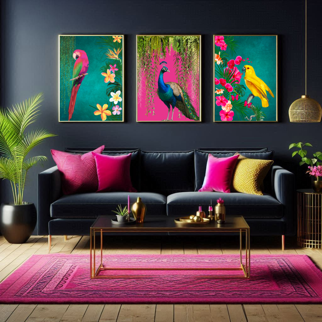 Set of 3 Tropical Birds – Teal & Hot Pink Maximalist Wall Art