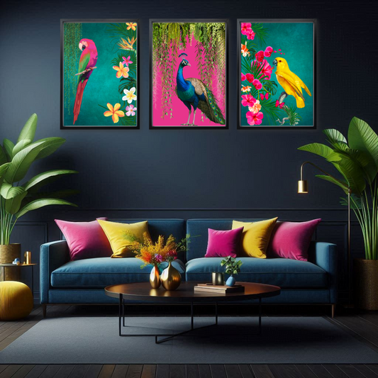 Set of 3 Tropical Birds β Teal & Hot Pink Maximalist Wall Art