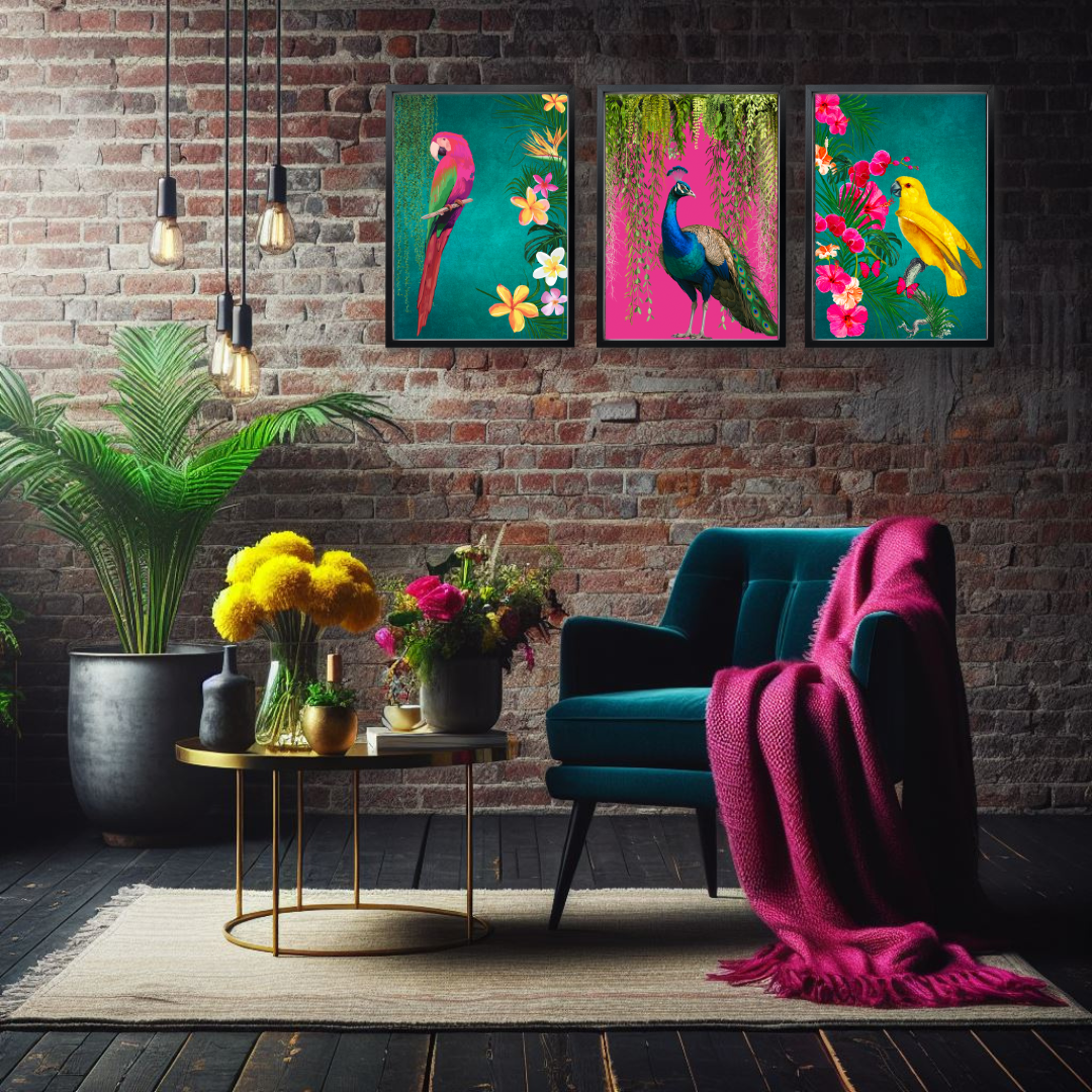 Set of 3 Tropical Birds – Teal & Hot Pink Maximalist Wall Art
