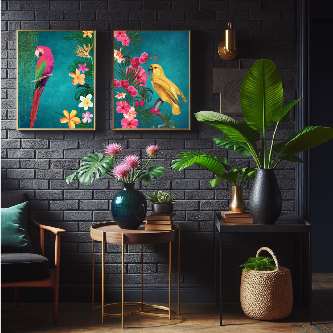 Teal Tropical Bird Print Set of 2 – Luxe Maximalist Elegance