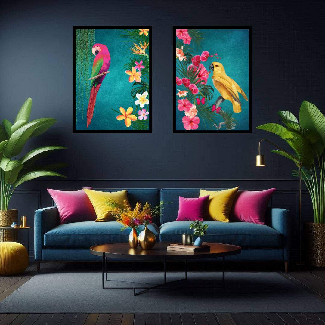 Teal Tropical Bird Print Set of 2 – Luxe Maximalist Elegance