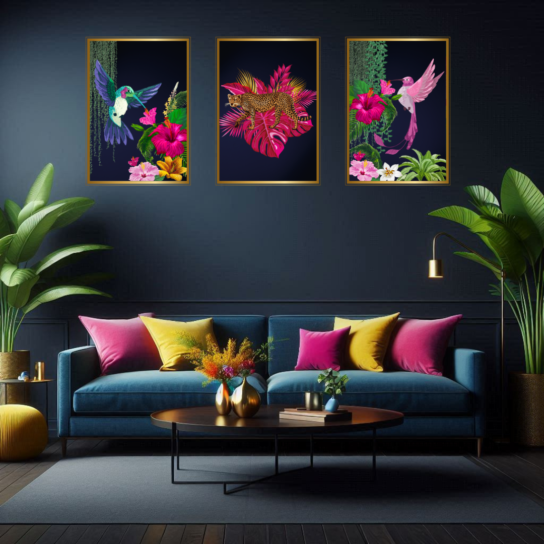 Midnight Jungle Luxe – Tropical Birds & Leopard Set of 3 Prints