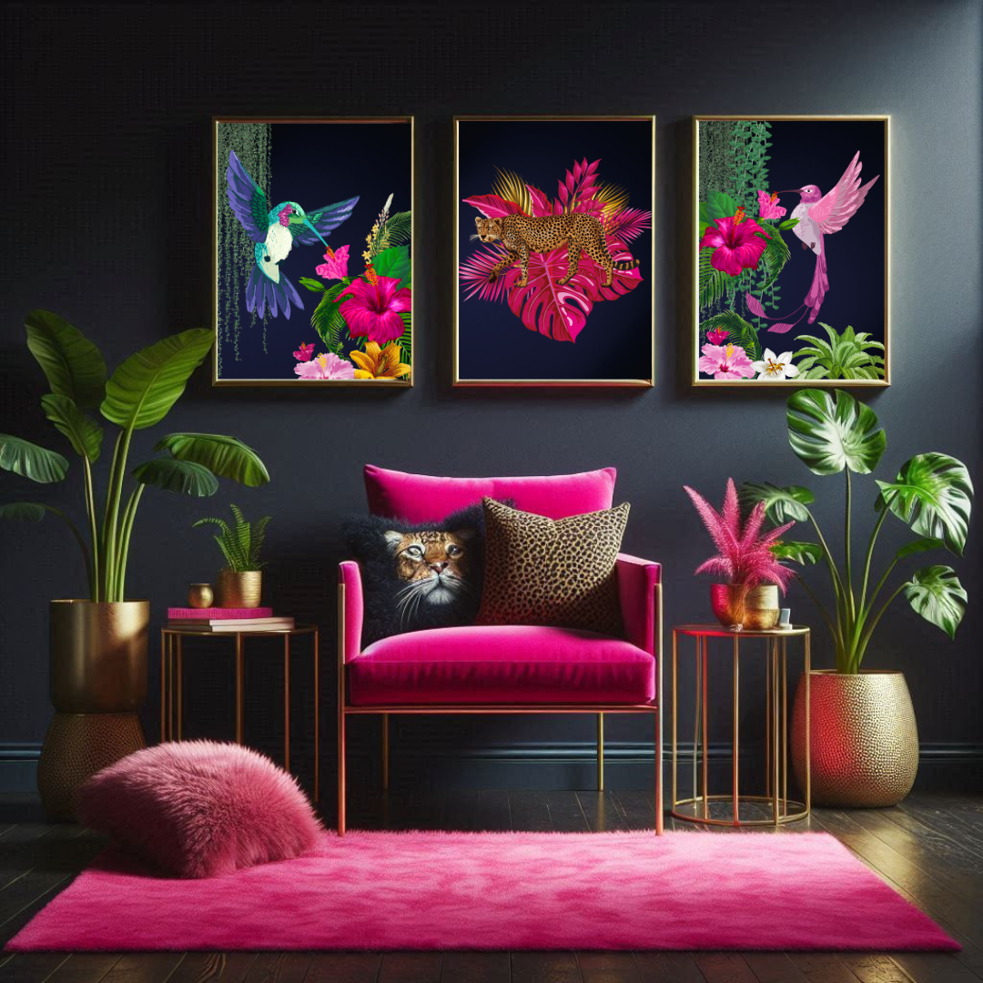 Midnight Jungle Luxe – Tropical Birds & Leopard Set of 3 Prints