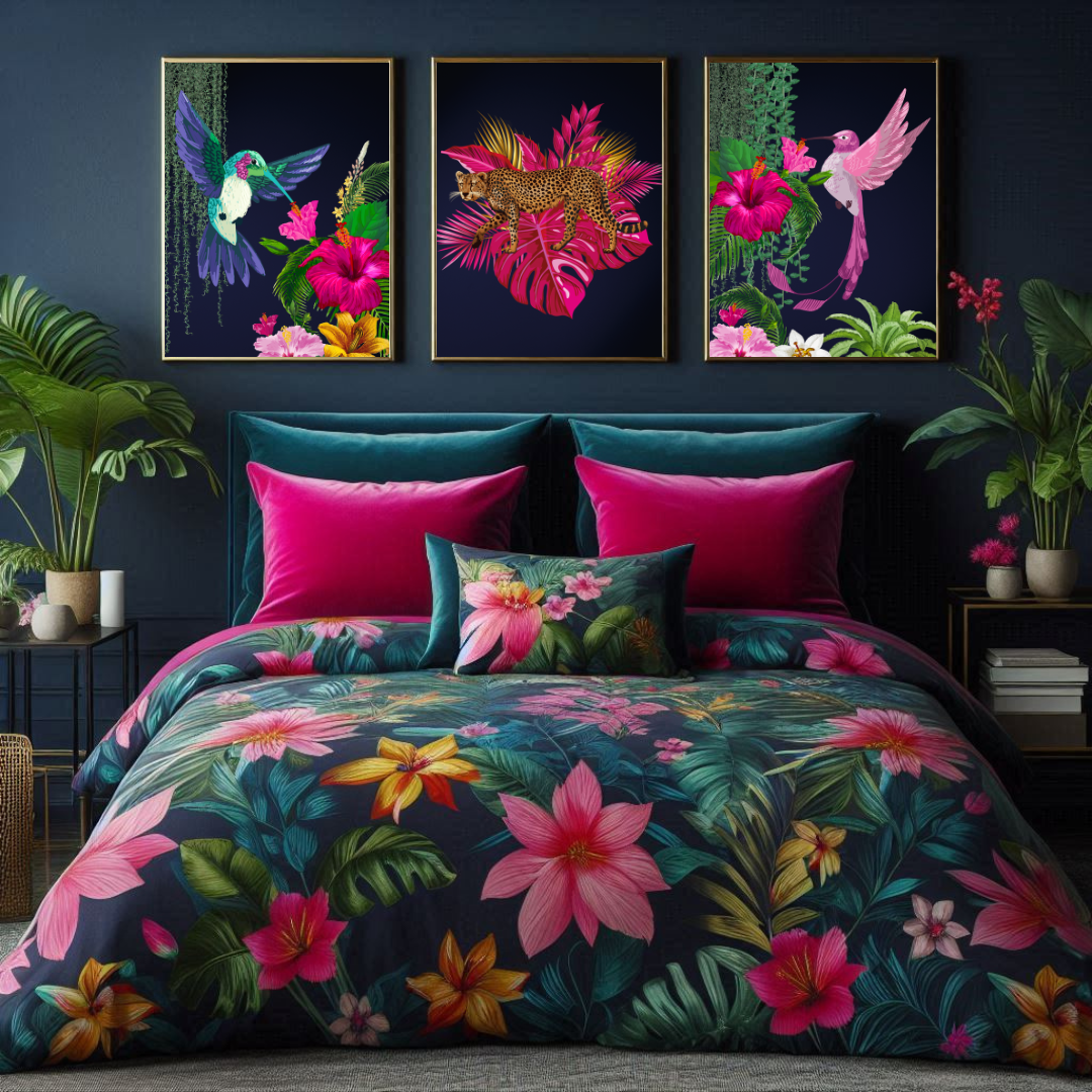 Midnight Jungle Luxe – Tropical Birds & Leopard Set of 3 Prints