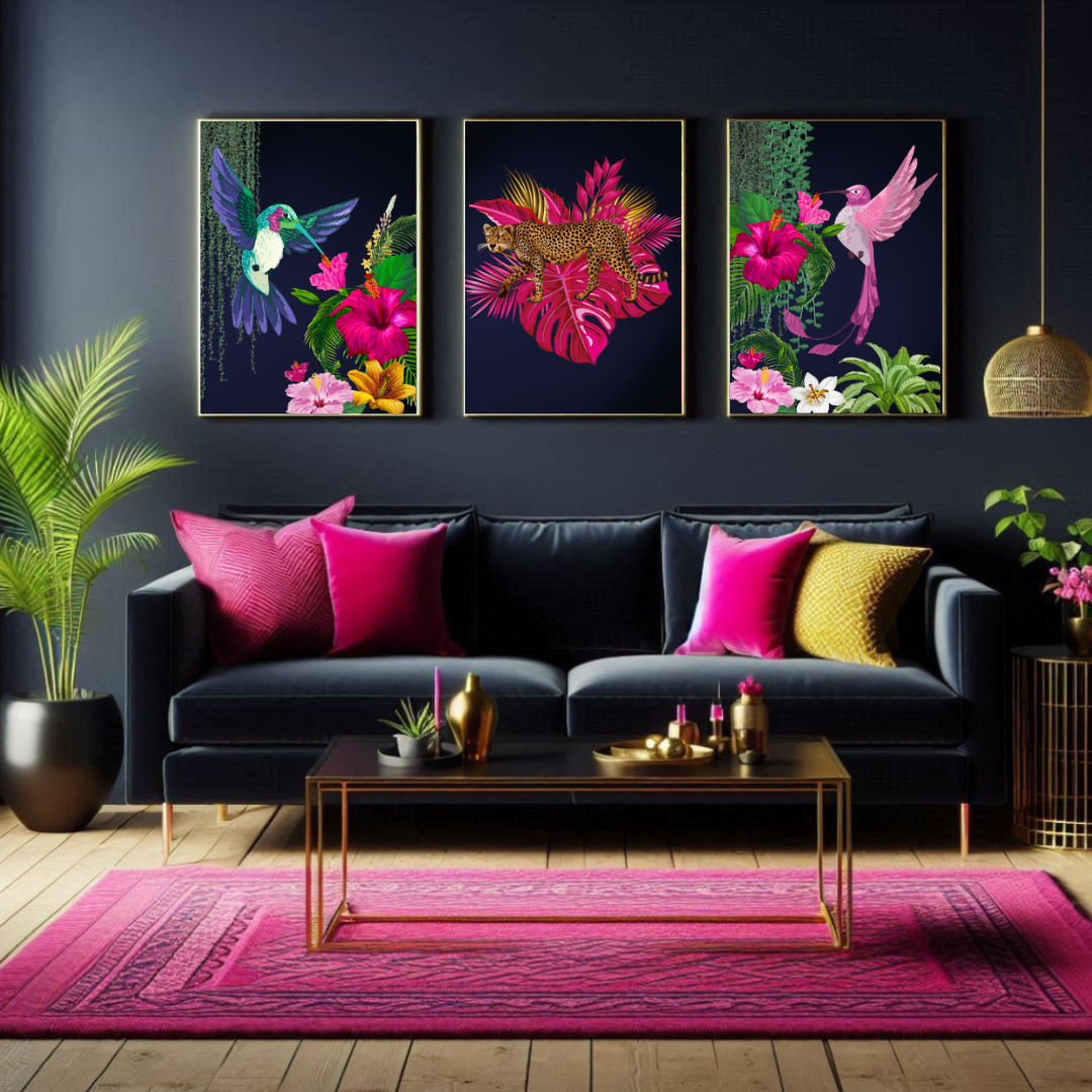 Midnight Jungle Luxe – Tropical Birds & Leopard Set of 3 Prints