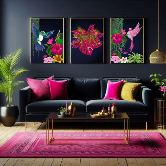 Midnight Jungle Luxe – Tropical Birds & Leopard Set of 3 Prints