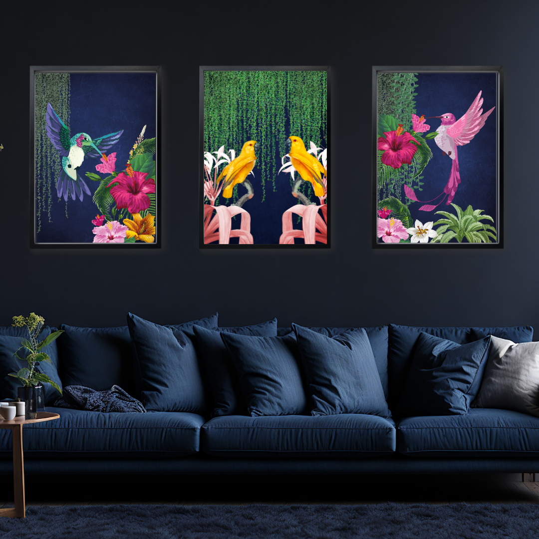 Tropical Navy Birds – Luxe Set of 3 Prints