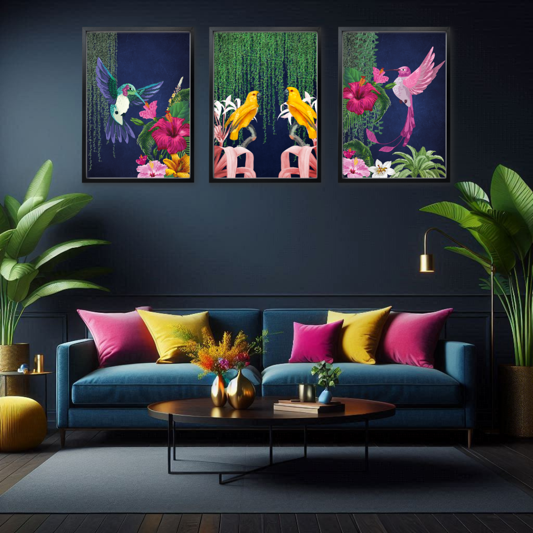 Tropical Navy Birds – Luxe Set of 3 Prints