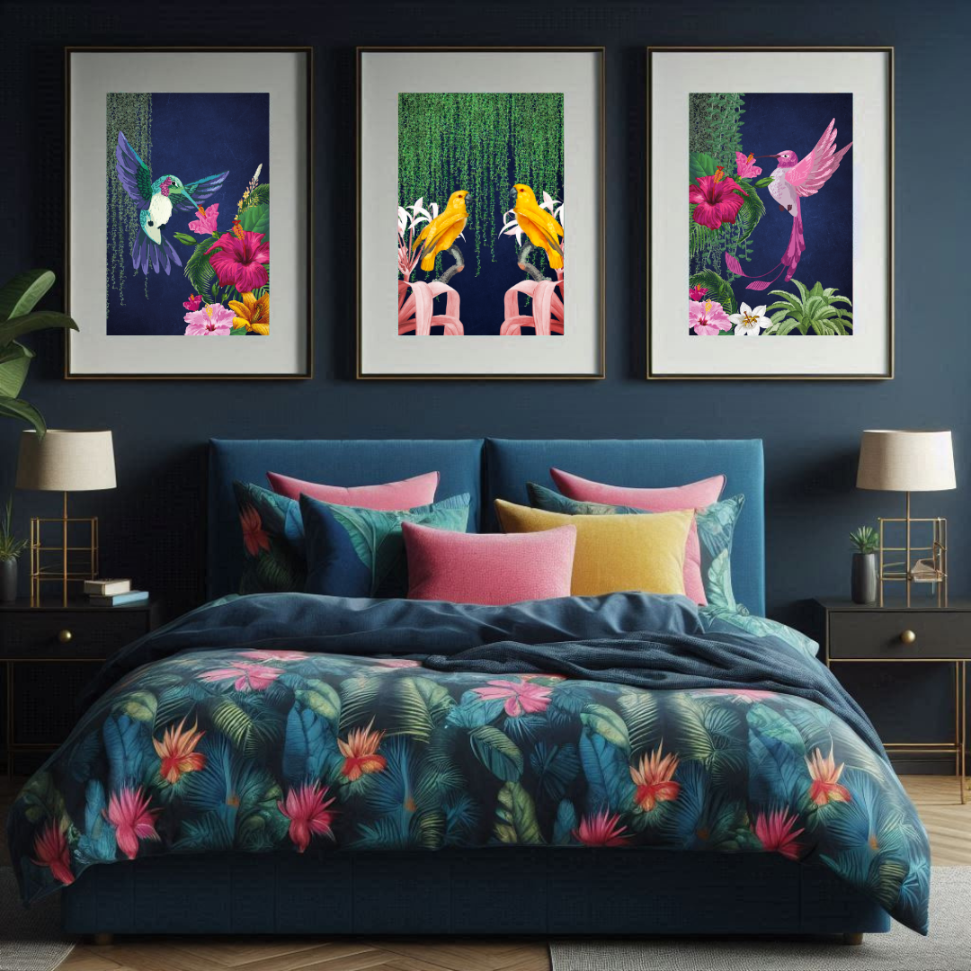 Tropical Navy Birds – Luxe Set of 3 Prints