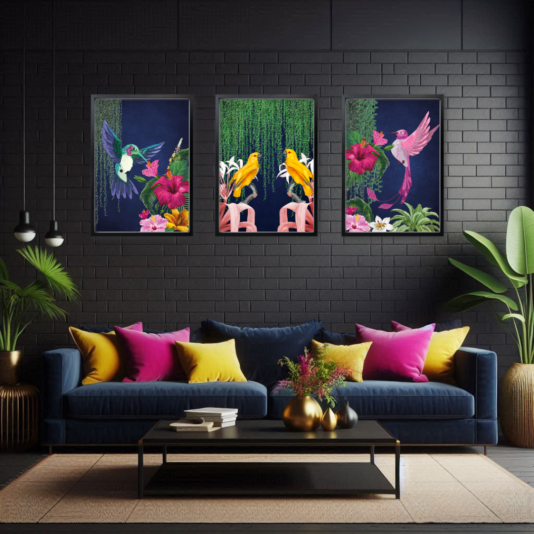Tropical Navy Birds – Luxe Set of 3 Prints
