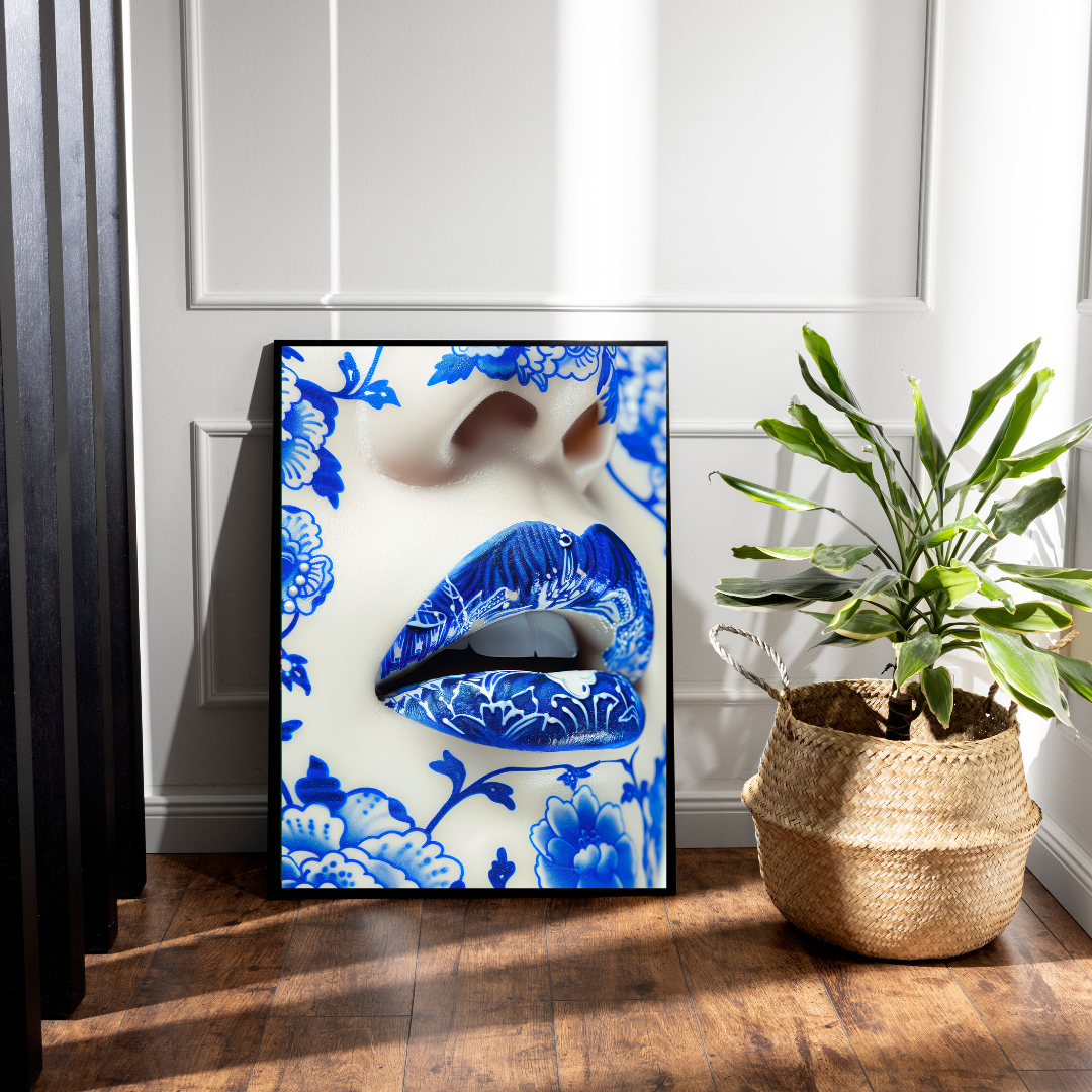 Chinoiserie Chic – Blue Porcelain Lips Art Print