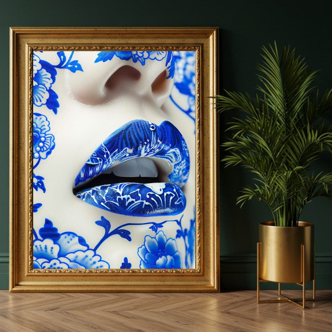 Chinoiserie Chic – Blue Porcelain Lips Art Print