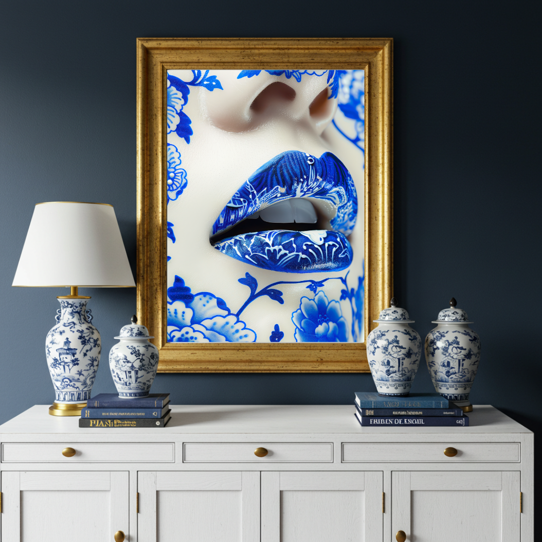 Chinoiserie Chic – Blue Porcelain Lips Art Print