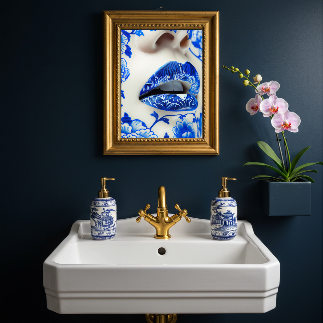 Chinoiserie Chic – Blue Porcelain Lips Art Print