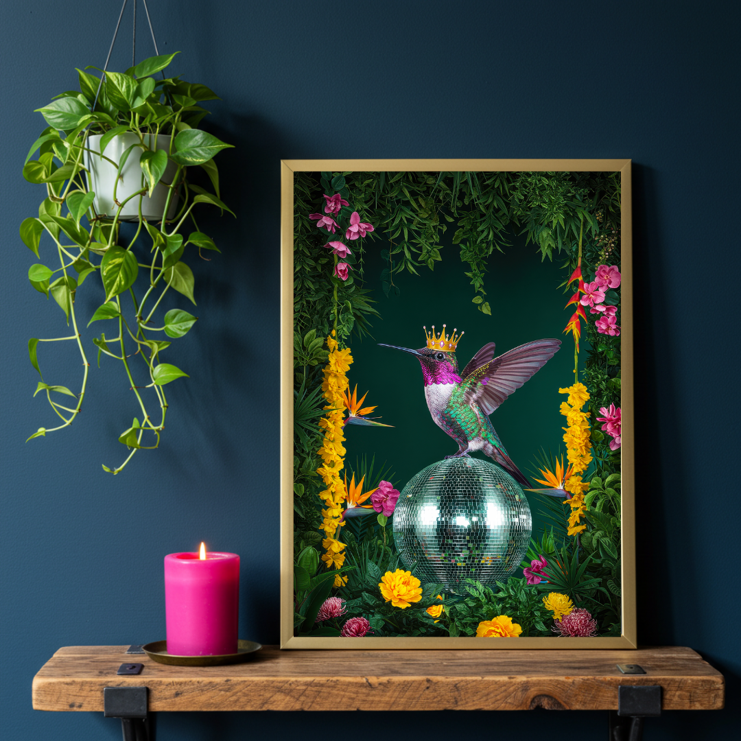 Crowned Hummingbird Disco Ball – Luxe Maximalist Print