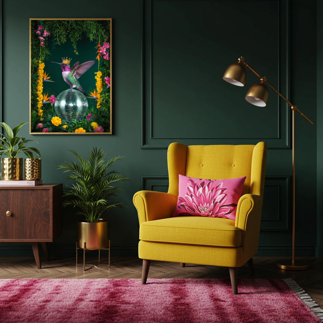 Crowned Hummingbird Disco Ball – Luxe Maximalist Print