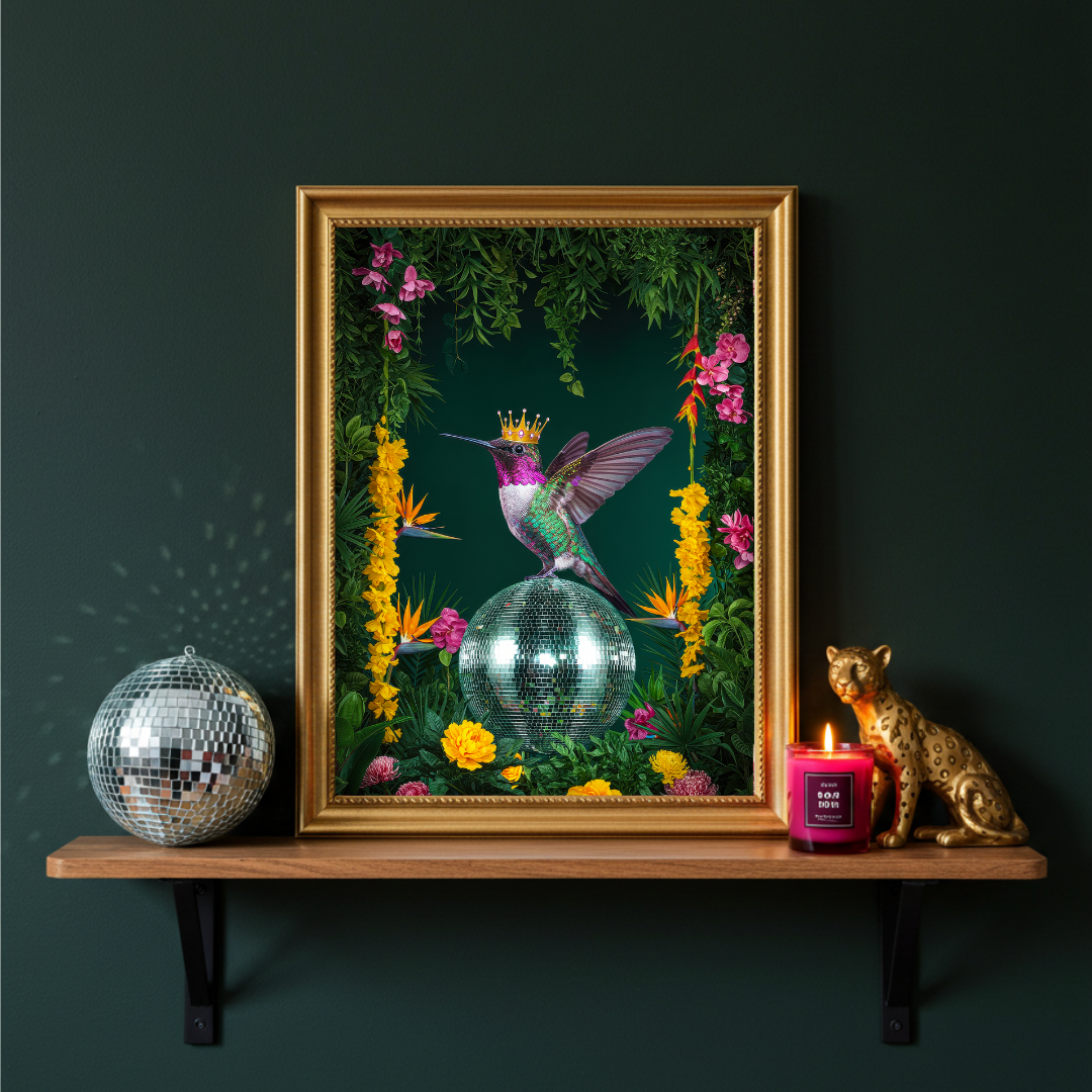 Crowned Hummingbird Disco Ball – Luxe Maximalist Print