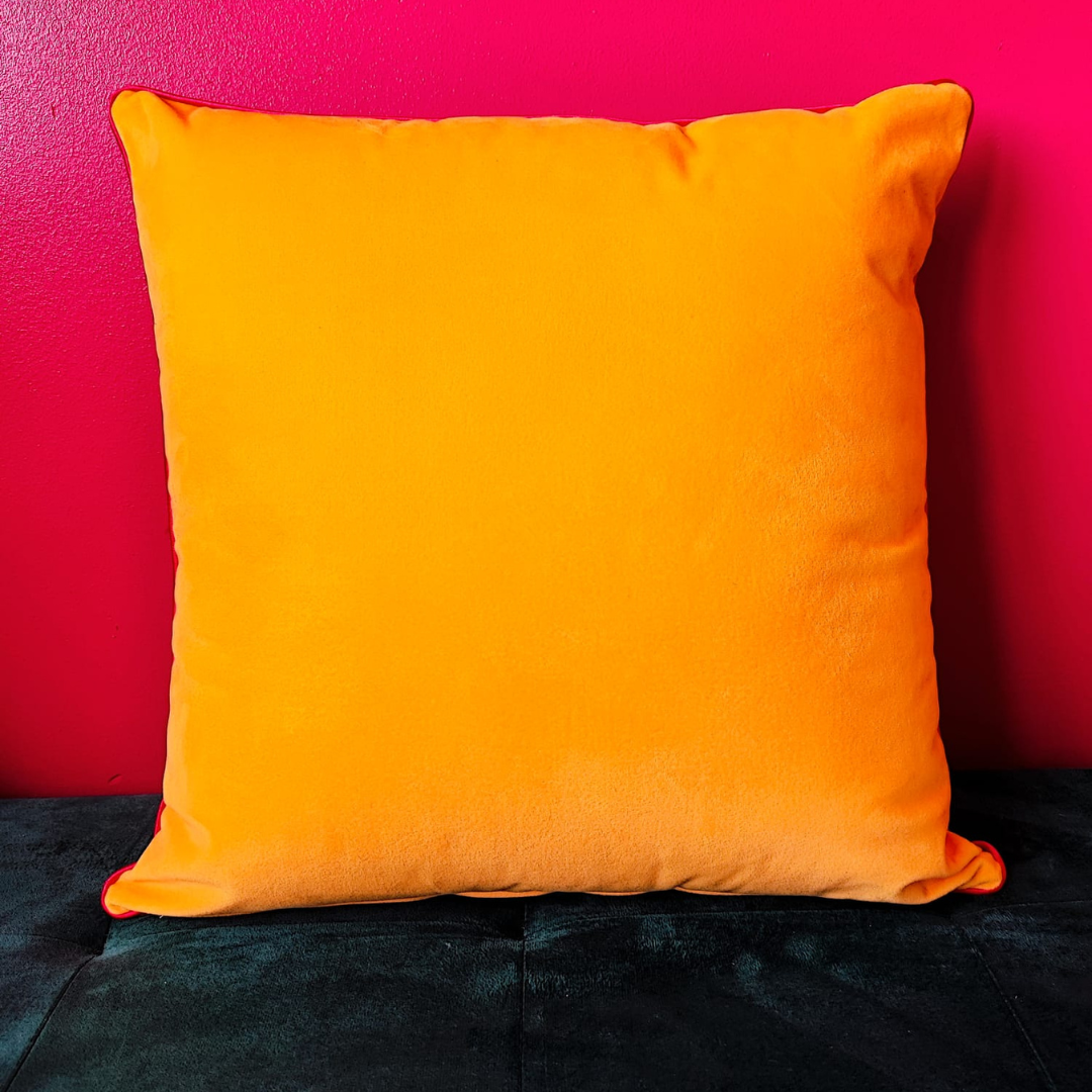 Tropical Hummingbird Cushion – Mustard Yellow Velvet with Hot Pink Piping