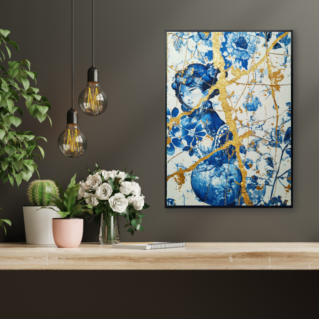 Kintsugi Dreams – Blue & Gold Maximalist Art Print