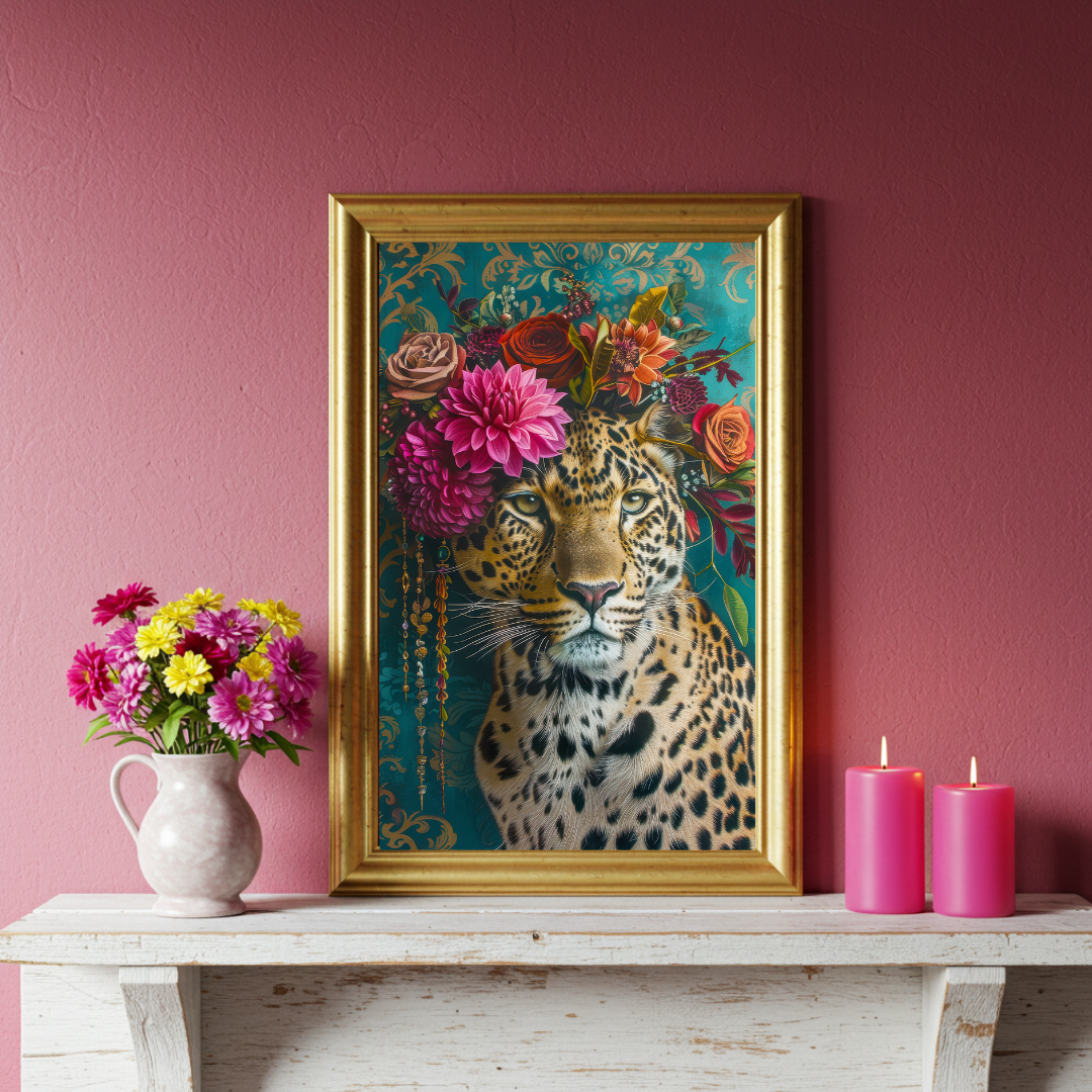 Crowned Queen – Leopard in Maximalist Floral Headpiece Print