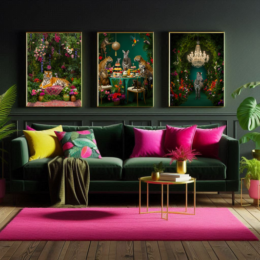 Maximalist Jungle Animal Print Set of 3 – Leopard, Jungle Party & Zebra Wall Art, Botanical Gallery Wall Decor