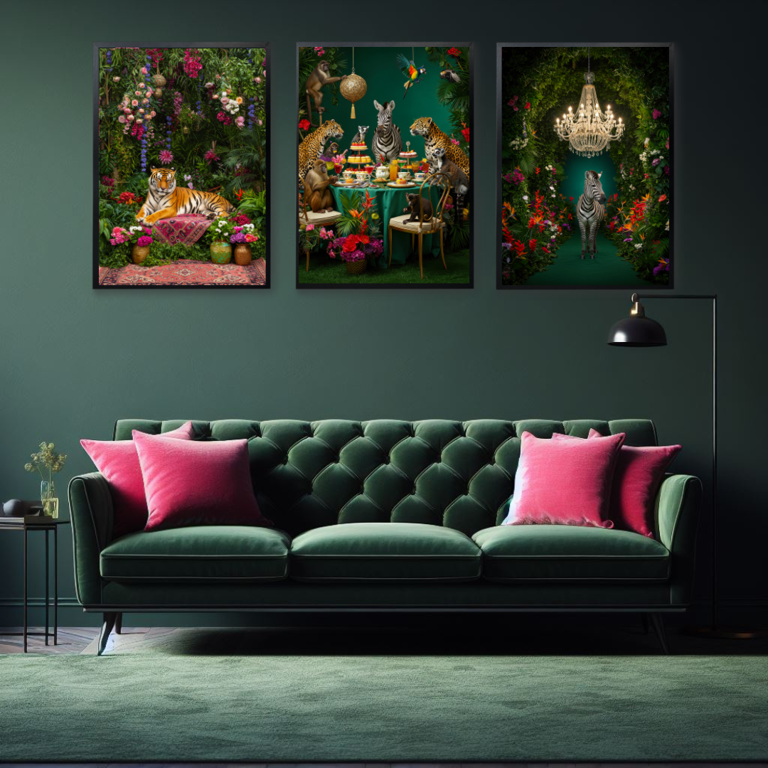 Maximalist Jungle Animal Print Set of 3 – Leopard, Jungle Party & Zebra Wall Art, Botanical Gallery Wall Decor
