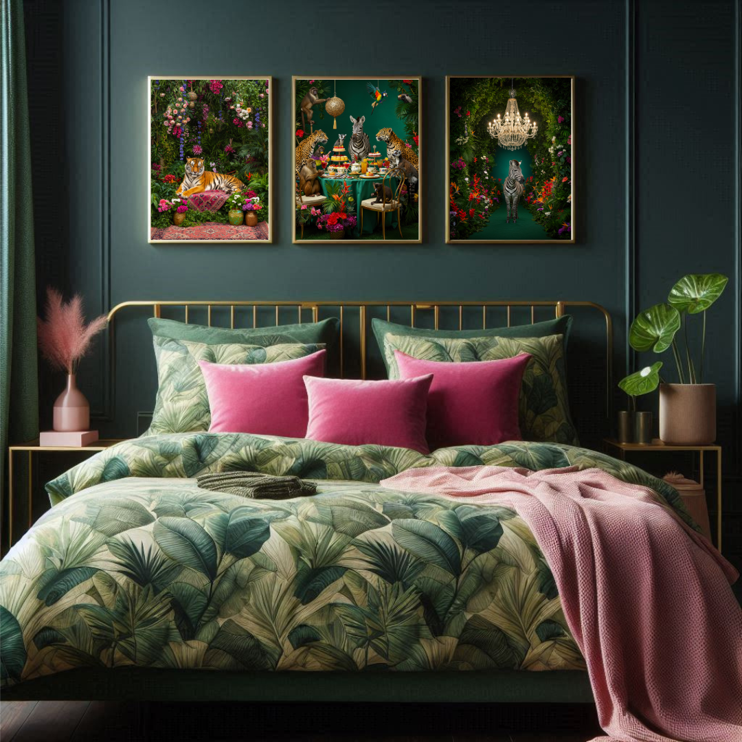 Maximalist Jungle Animal Print Set of 3 – Leopard, Jungle Party & Zebra Wall Art, Botanical Gallery Wall Decor