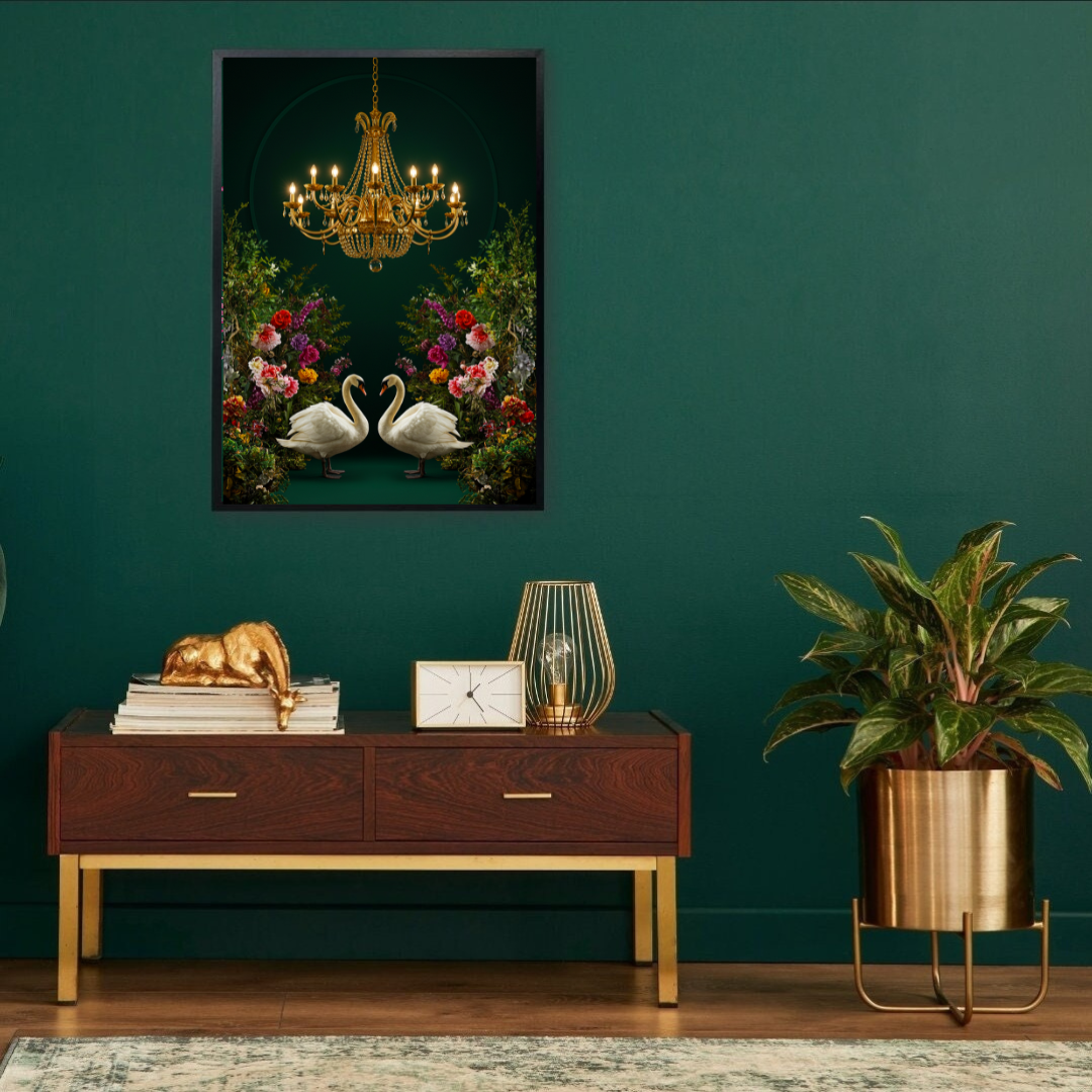 Regal Garden – Maximalist Swan & Chandelier Print