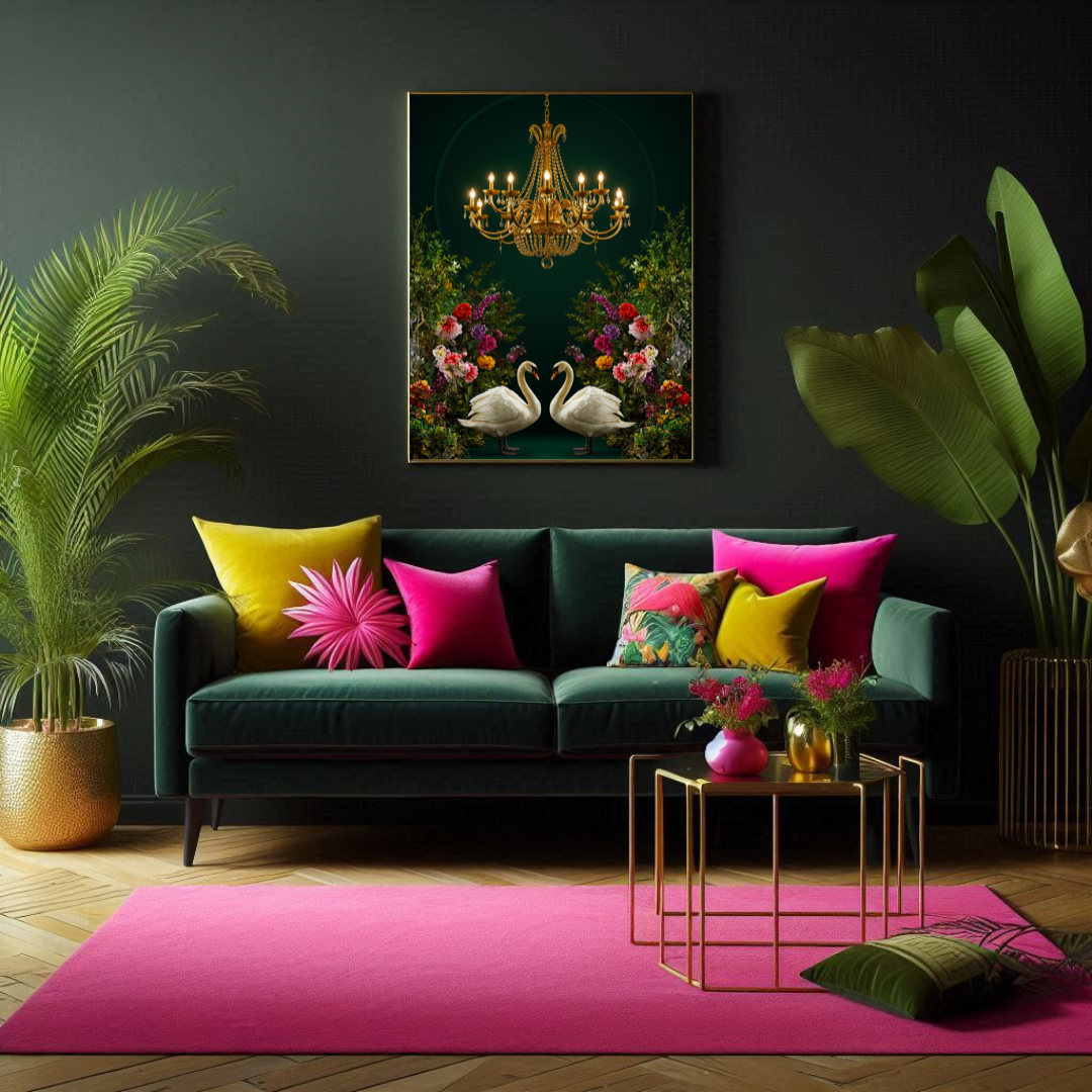 Regal Garden – Maximalist Swan & Chandelier Print