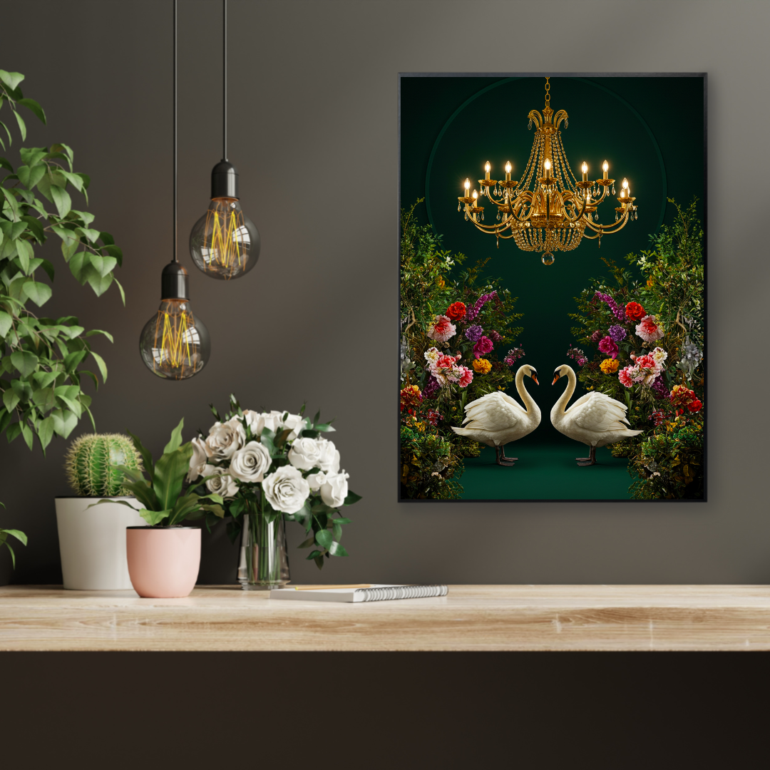 Regal Garden – Maximalist Swan & Chandelier Print