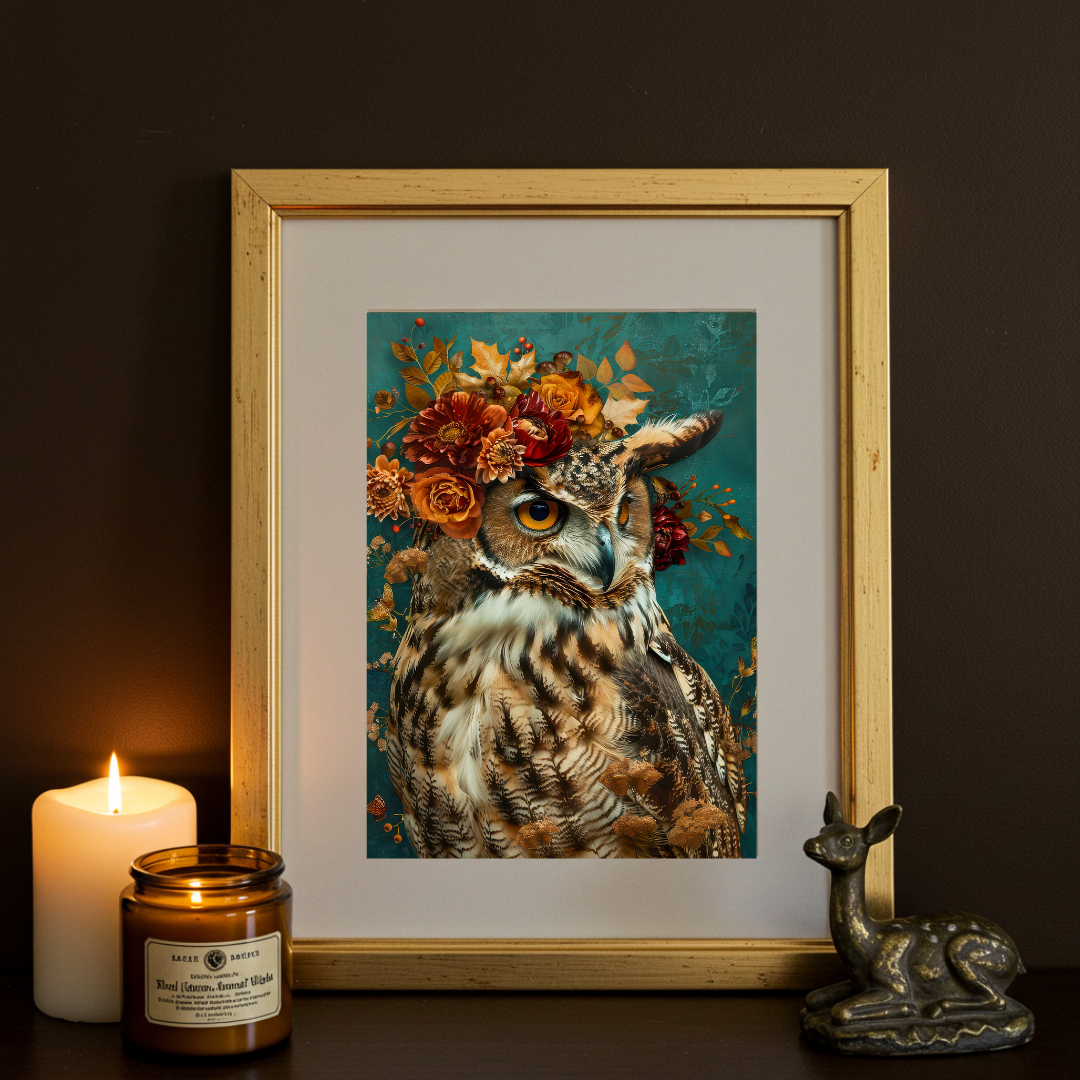Autumn Owl Art Print – Jewel Toned Teal with Floral Crown