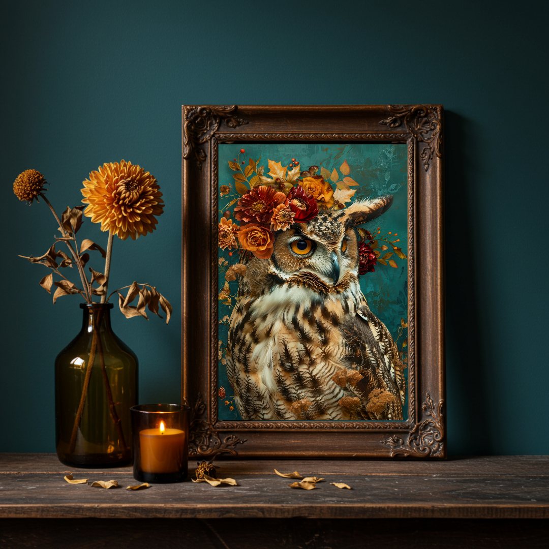 Autumn Owl Art Print – Jewel Toned Teal with Floral Crown