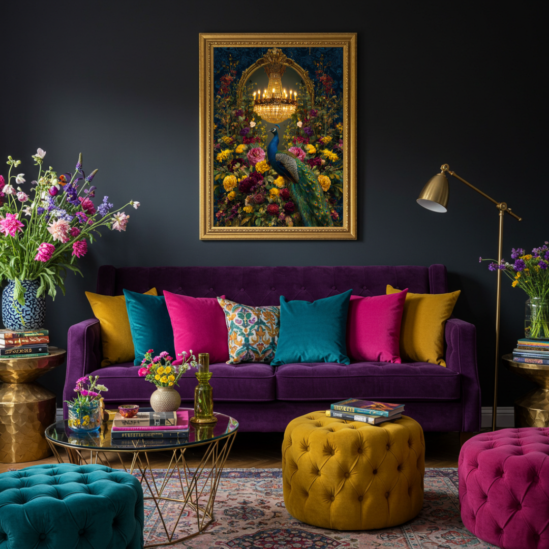 Peacock Chandelier Print – Maximalist Bird Wall Art