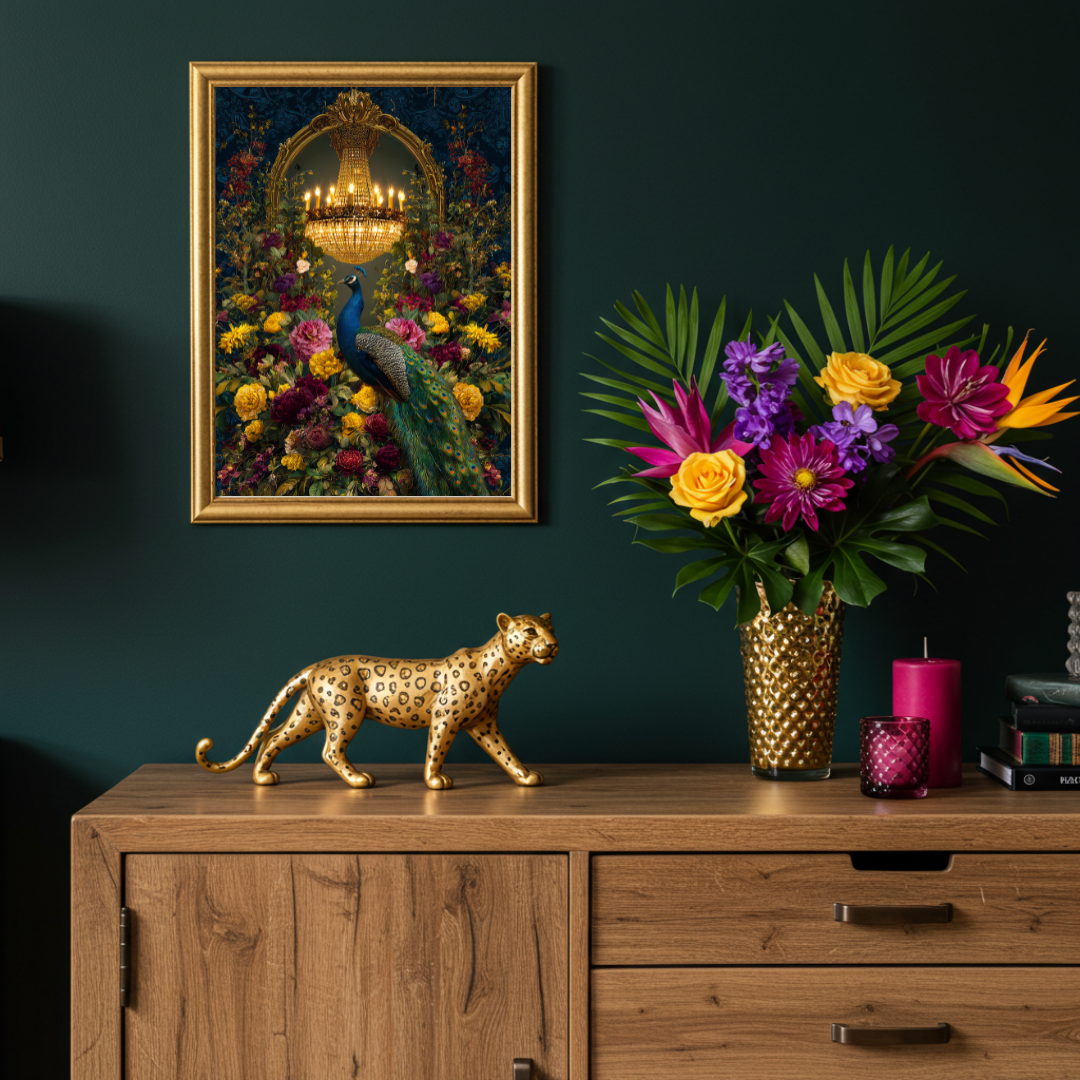 Peacock Chandelier Print – Maximalist Bird Wall Art