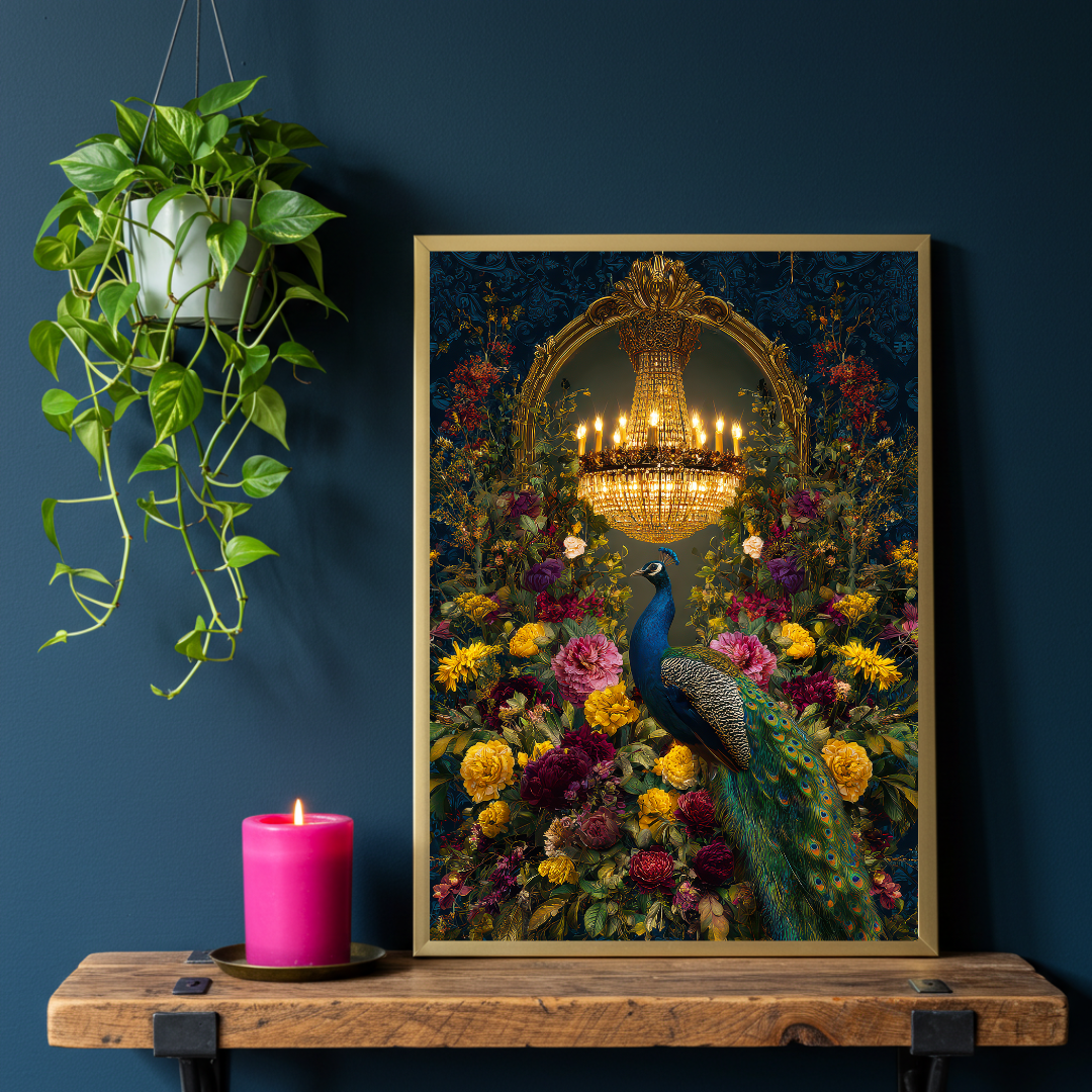 Peacock Chandelier Print – Maximalist Bird Wall Art