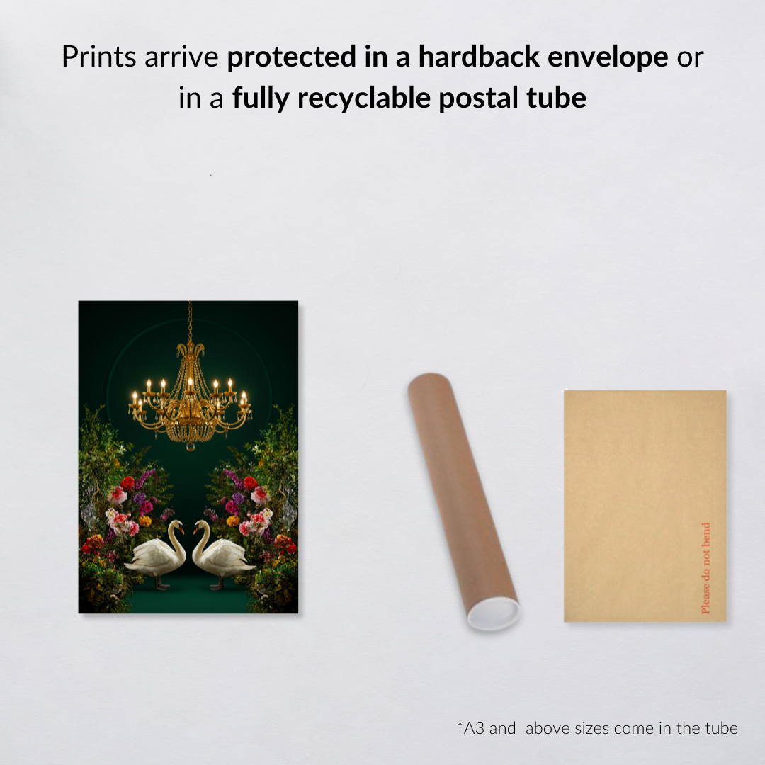 Regal Garden – Maximalist Swan & Chandelier Print