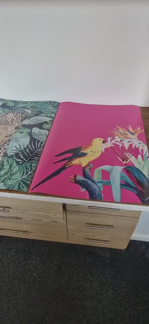 Tropical Maximalist Print Set of 3, Jungle Tropical Wall Art Set, Hot Pink Bird Prints, Navy Leopard Wall Art