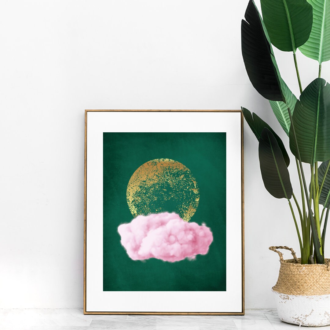 Emerald Green Cloud Print, Pink Cloud Print, Gold Moon Poster, Maximalist Wall Print