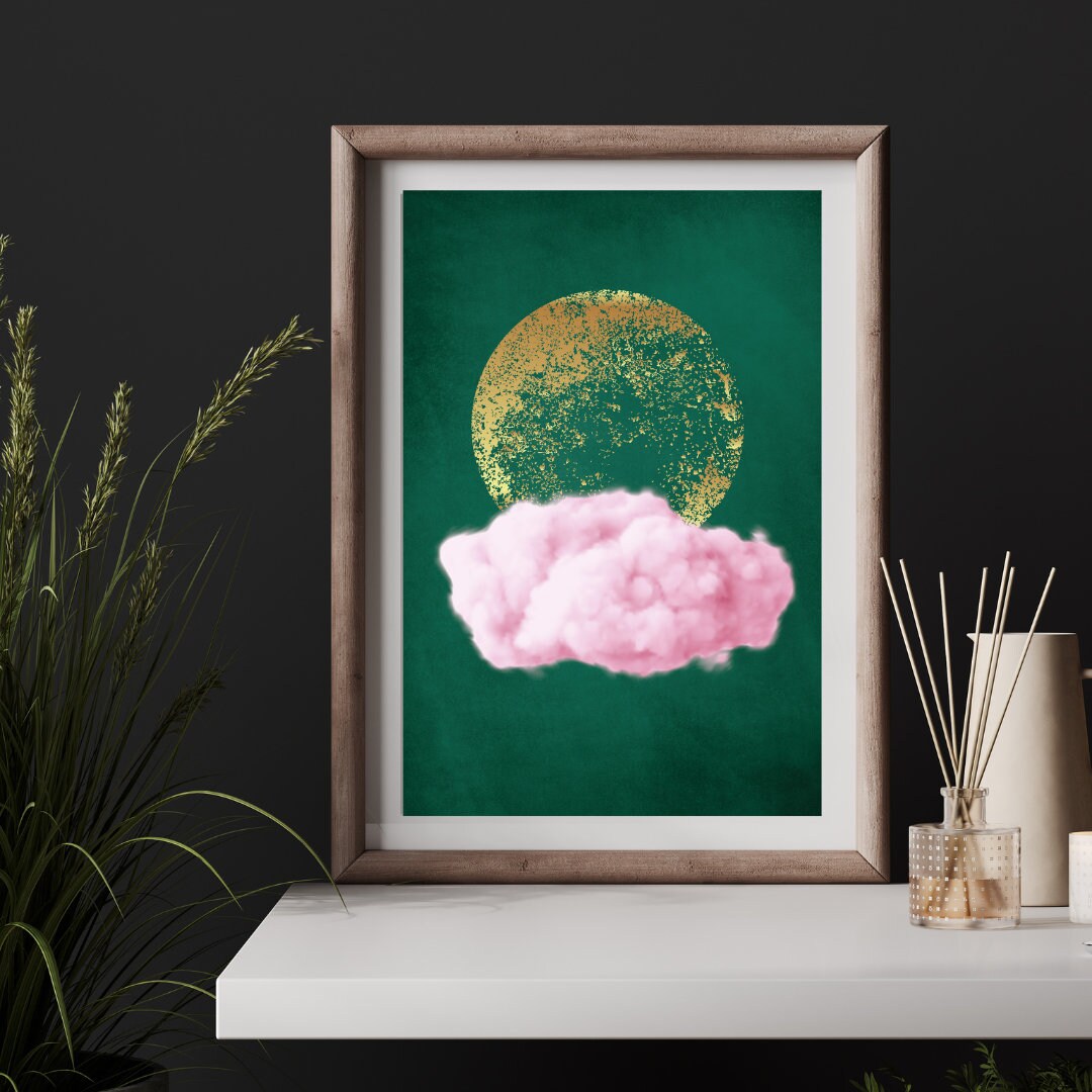 Emerald Green Cloud Print, Pink Cloud Print, Gold Moon Poster, Maximalist Wall Print