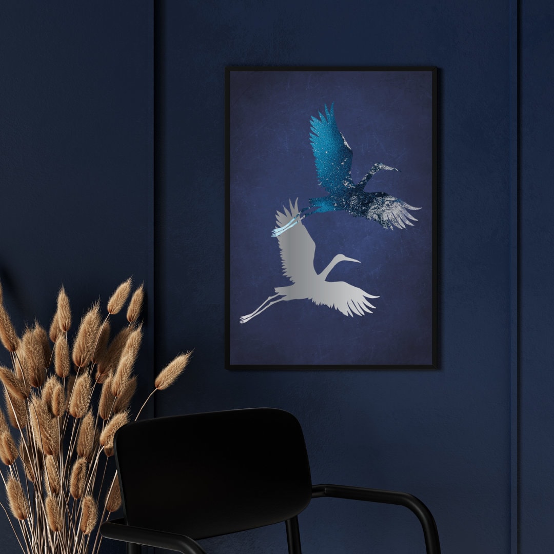 Navy Blue and Silver Crane Print, Crane Birds Wall Art, Japanese Inspired Crane Print