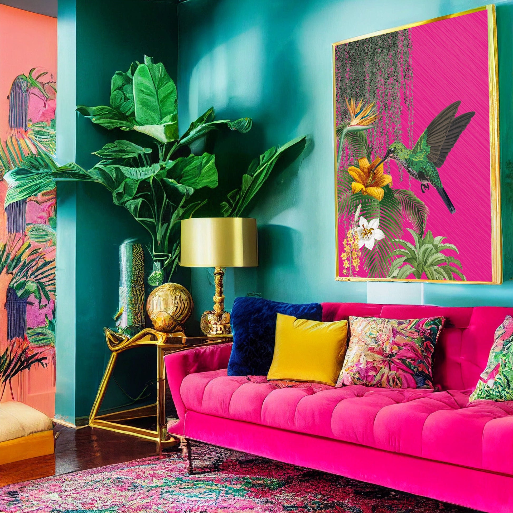 Hot Pink Tropical Hummingbird Print, Bright Bold Maximalist Wall Art