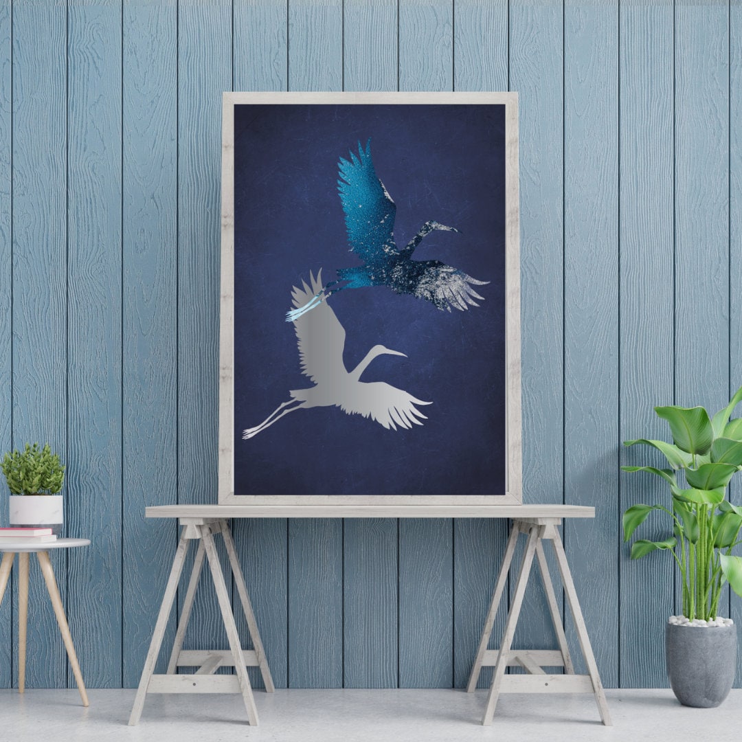 Navy Blue and Silver Crane Print, Crane Birds Wall Art, Japanese Inspired Crane Print