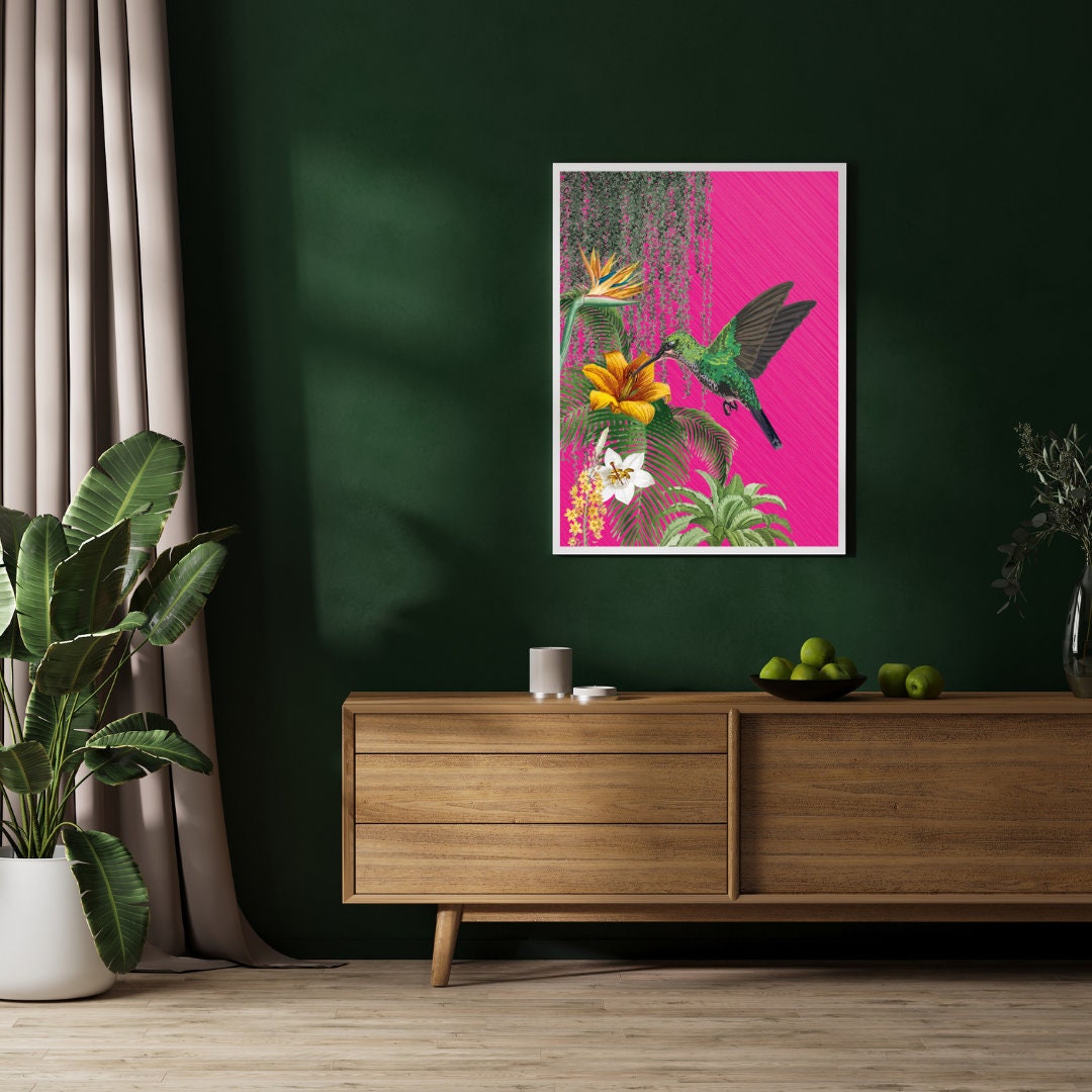 Hot Pink Tropical Hummingbird Print, Bright Bold Maximalist Wall Art