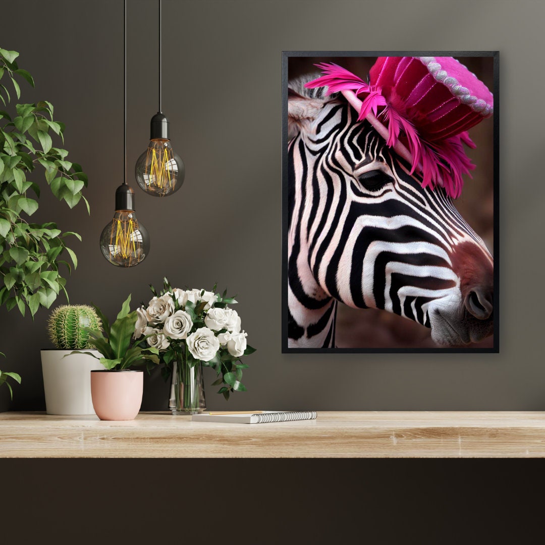 Quirky Zebra in Hot Pink Hat Wall Print, Maximalist Animal Wall Art, Eccentric Wall Print