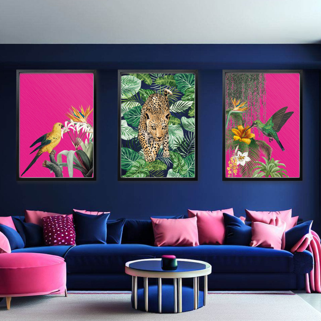 Tropical Maximalist Print Set of 3, Jungle Tropical Wall Art Set, Hot Pink Bird Prints, Navy Leopard Wall Art